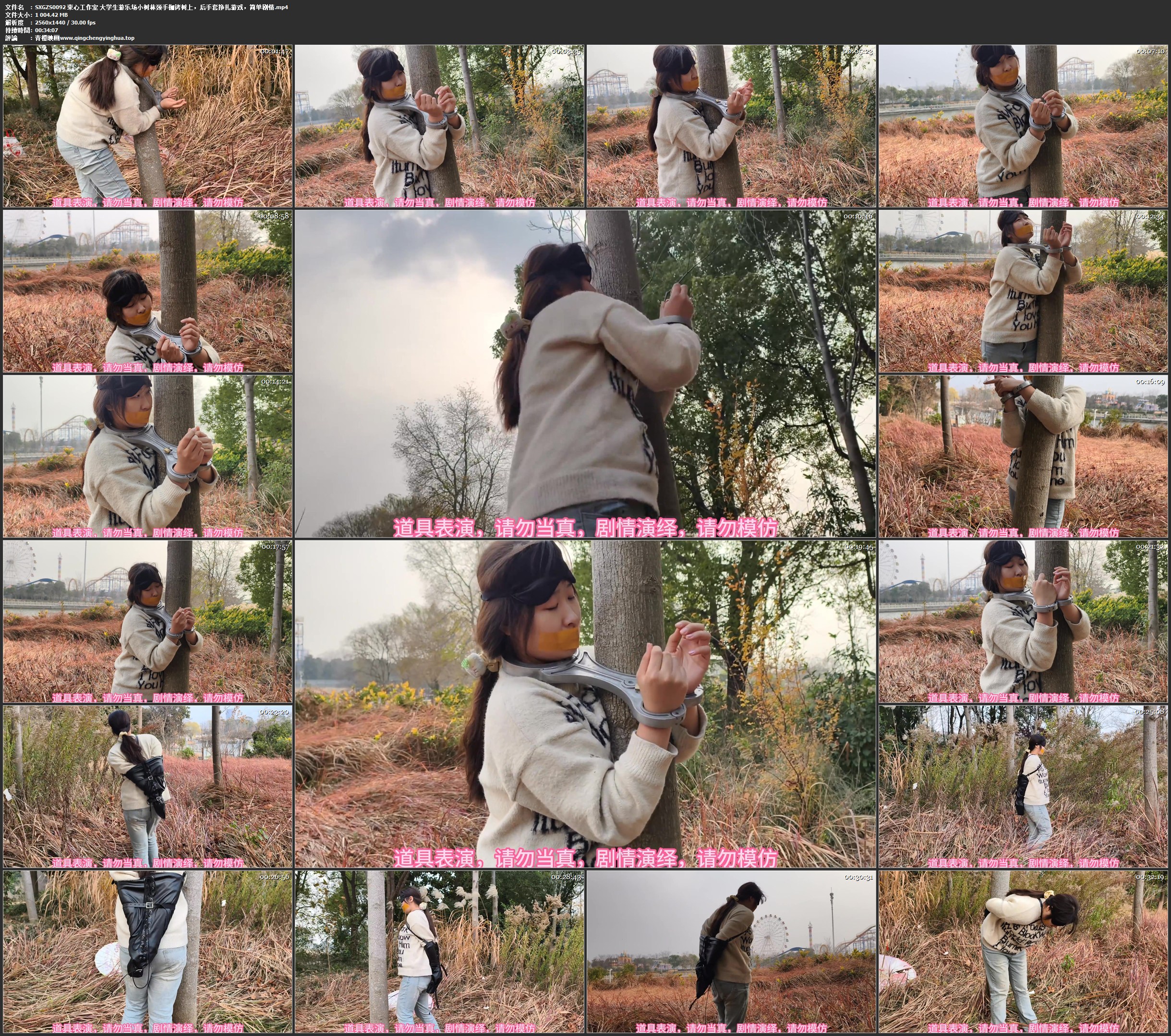 束心工作室 大学生游乐场小树林颈手枷铐树上，后手套挣扎游戏，简单剧情